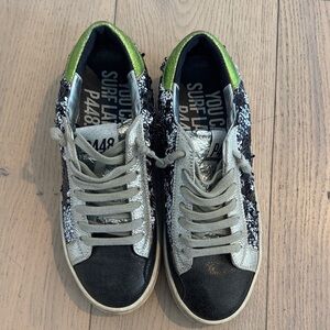 P448 Black and Silver Sneakers with Green Accents